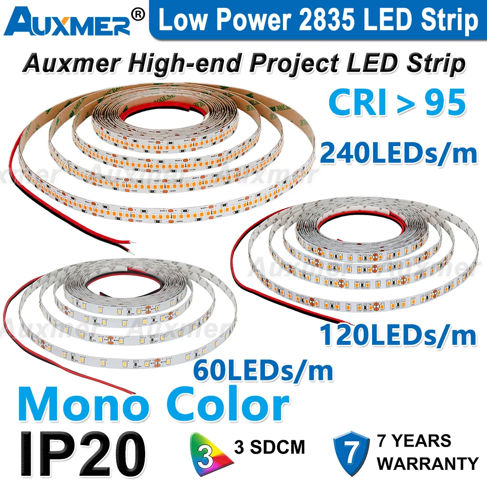 

Auxmer Low Power 2835 LED Strip,Mono Color,120LEDs/m 240LEDs/m,CRI＞95/90,3SDCM,Super Bright Flex LED DC12/24V,5m/reel,IP20