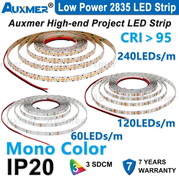 Auxmer low power 2835 LED strip, Mono color, 120LEDs/m 240LEDs/m, CRI>95/90, 3SDCM, super bright Flex LED DC12/24V, 5m/reel, IP20