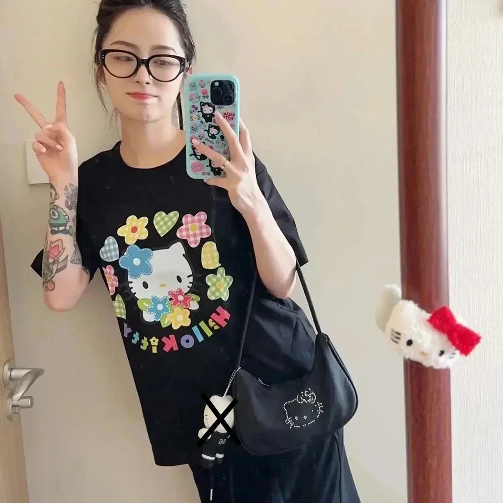 New  Hello Kitty Canvas Tote Bags Women Fashion Rhinestone Black Handbags Y2k Female Cartoon Korean Black Underarm Bag