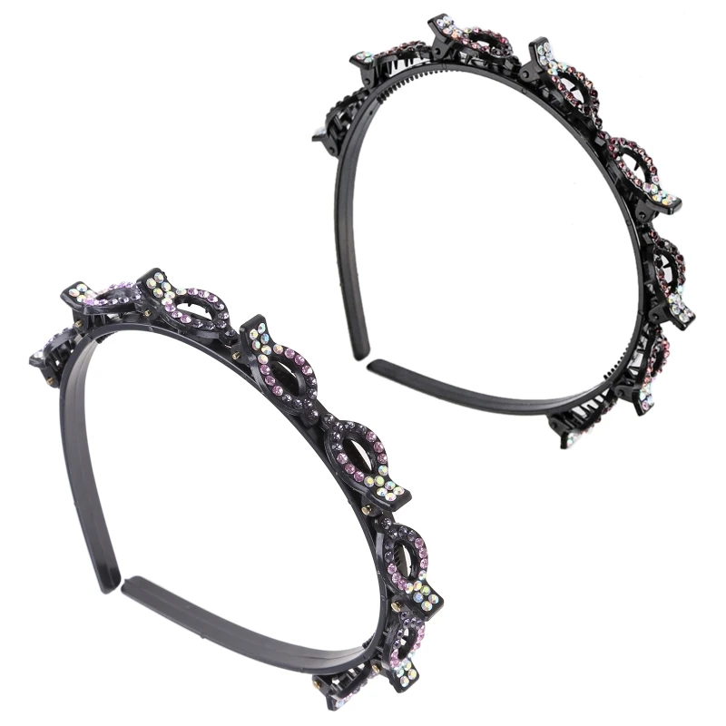 50JB Double Layer Twist Plait Headband Double Bangs for Rhinestone Hairpins Hair Hoop