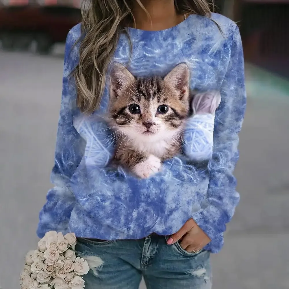 

Autumn Winter Long Sleeves Korean Fashion O-neck T-shirt For Women Cat Print T-shirts Ladies Casual Top Tee Woman Clothes