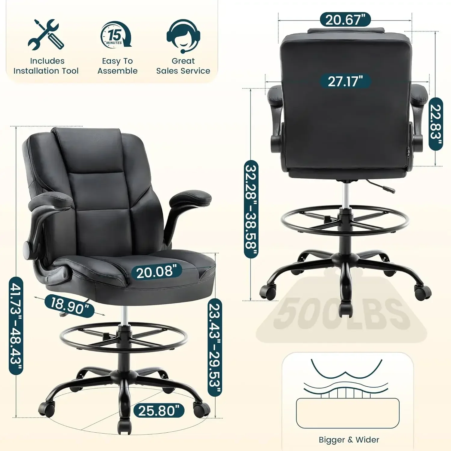 Tall Office Drafting Chair With Adjustable Foot Ring And Flip Up Armrests Black PU Leather High Stool Executive Chair