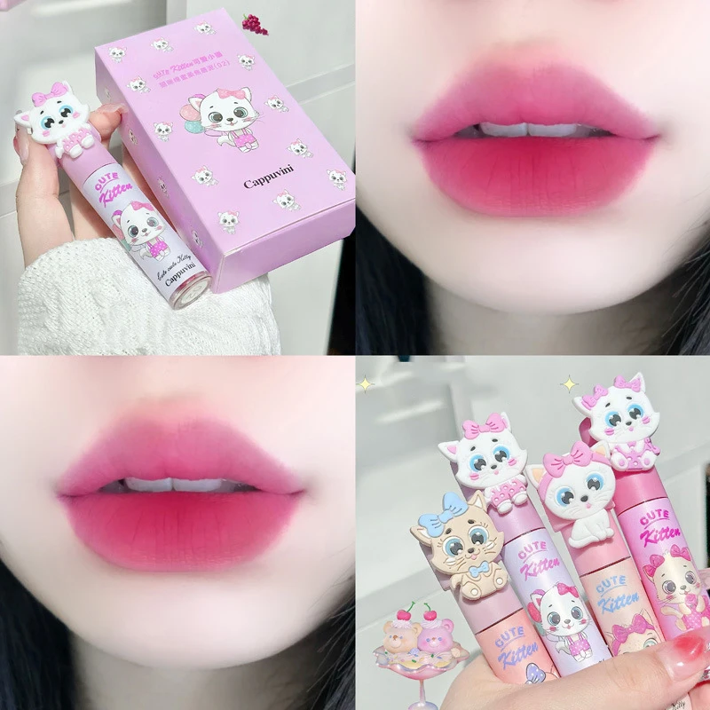 Cappuvini Rossetto Donna Cute Cat Lip Fango Crema Impermeabile Tazza antiaderente Smalto per labbra Tinta Illumina Cosmetici coreani a lunga durata