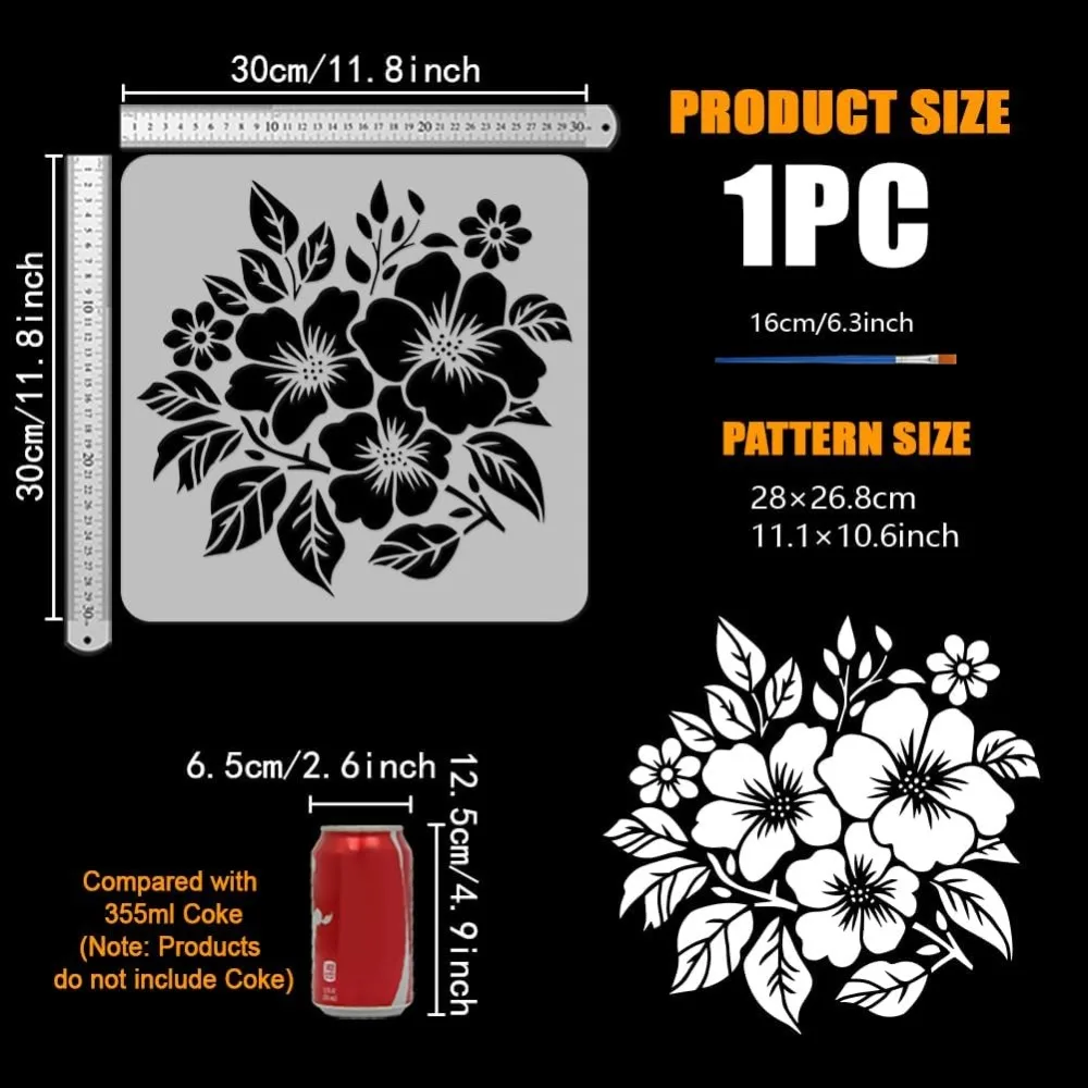 Country Garden Flowers Stencil for Painting with Brush 11.8x11.8inch Reusable Azalea Flowers Template Hollowed Branches Leaves