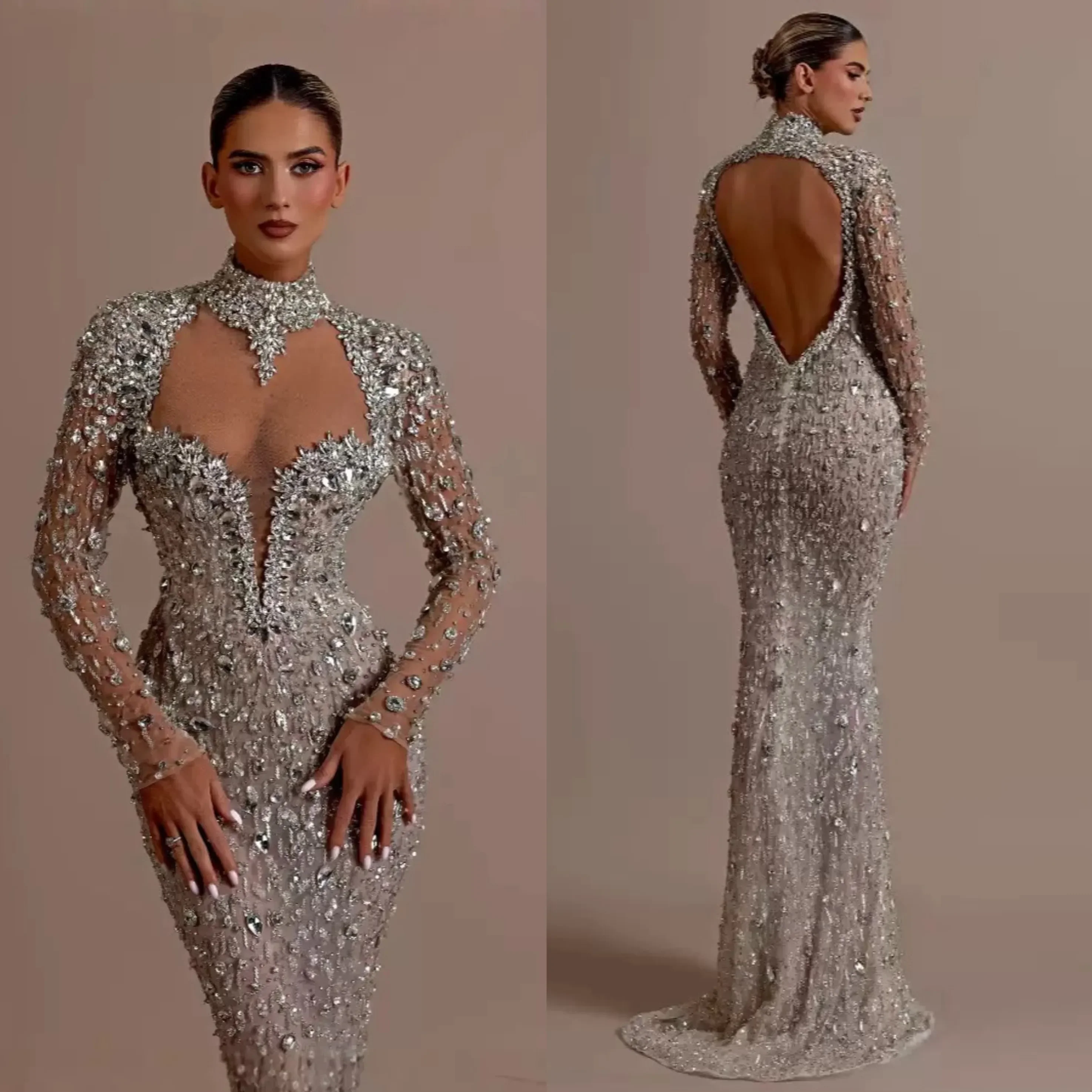 

Luxurious Crystal Evening Dresses Customized Sexy Beaded Full Sleeve Prom Dress Rhinestones Floor Length Backless Party Gown