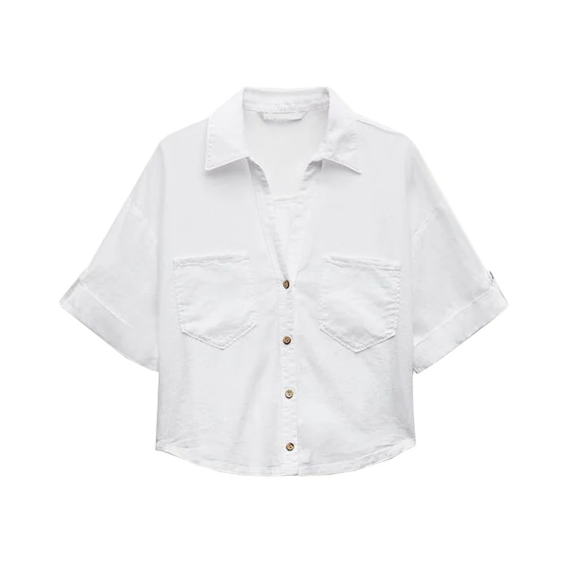 봄 여름 신상 여성 캐주얼 칼라 반팔 린넨 혼방 셔츠 레귤러 길이 폴리에스터 섬유 00% 화이트 셔츠