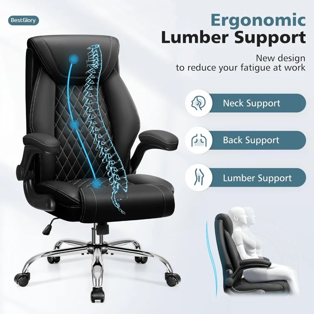 Cadeira ergonómica de escritório com couro grande e alta, respirável com apoio lombar, com braços flip-up, ajustável como não disponível