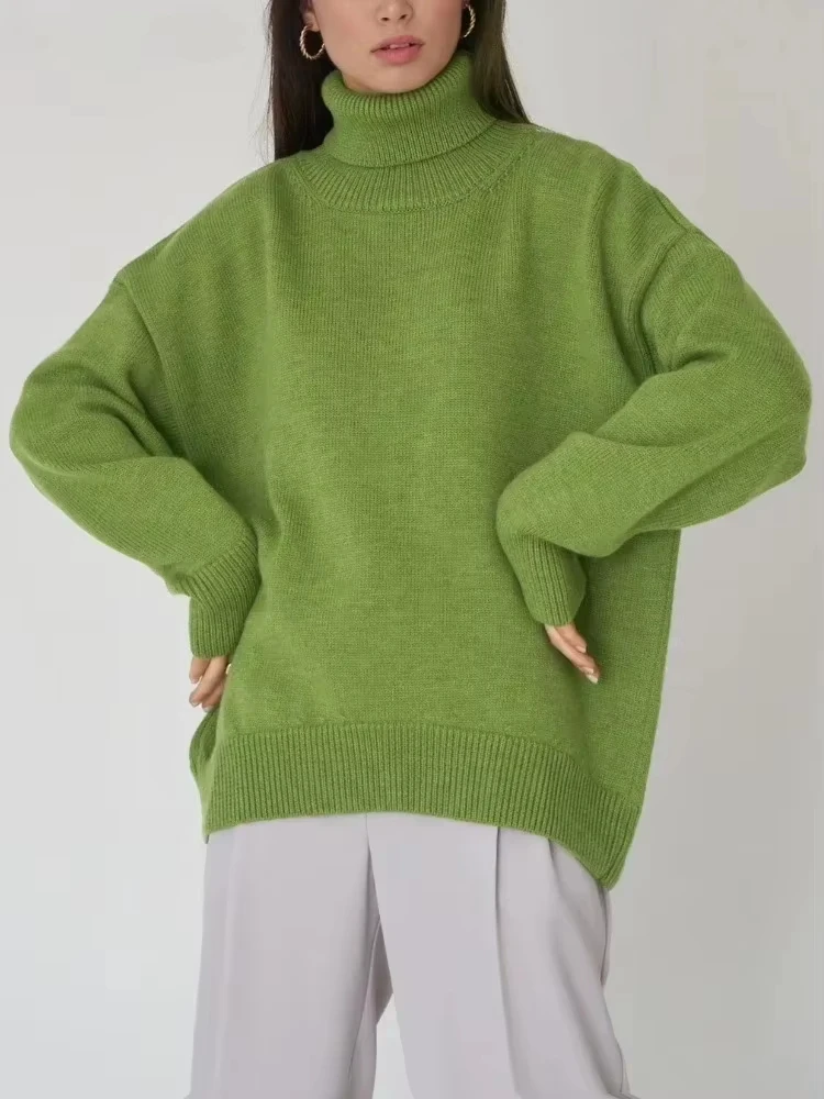 

2025 женский свитер с воротником, шикарный осенне-зимний толстый теплый повседневный свободный вязаный джемпер большого размера, пуловер