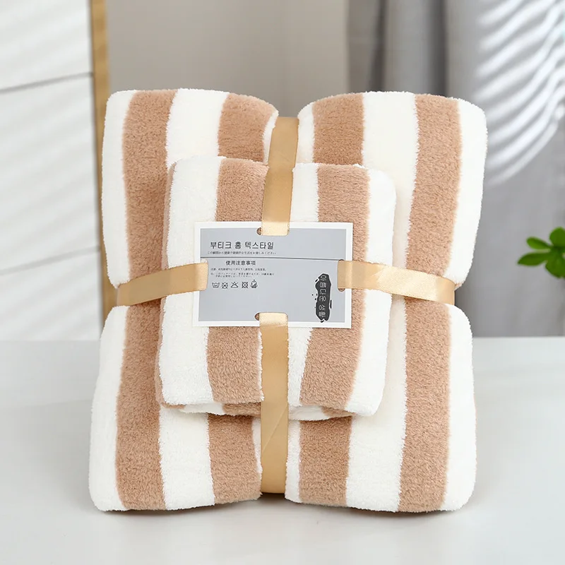 1 Set Striped Towel Bath Towel Household Coral Velvet Baby Bath Towel Soft Thickened Plush Children\'s Absorbent Bath Towel