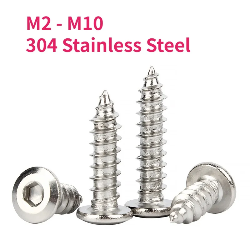M2 M2.3 M2.6 M3 M4 M5 M6 M8 M10 304 Stainless Steel Allen Hexagon Hex Socket Large Flat Thin Wafer Head Self Tapping Wood Screw