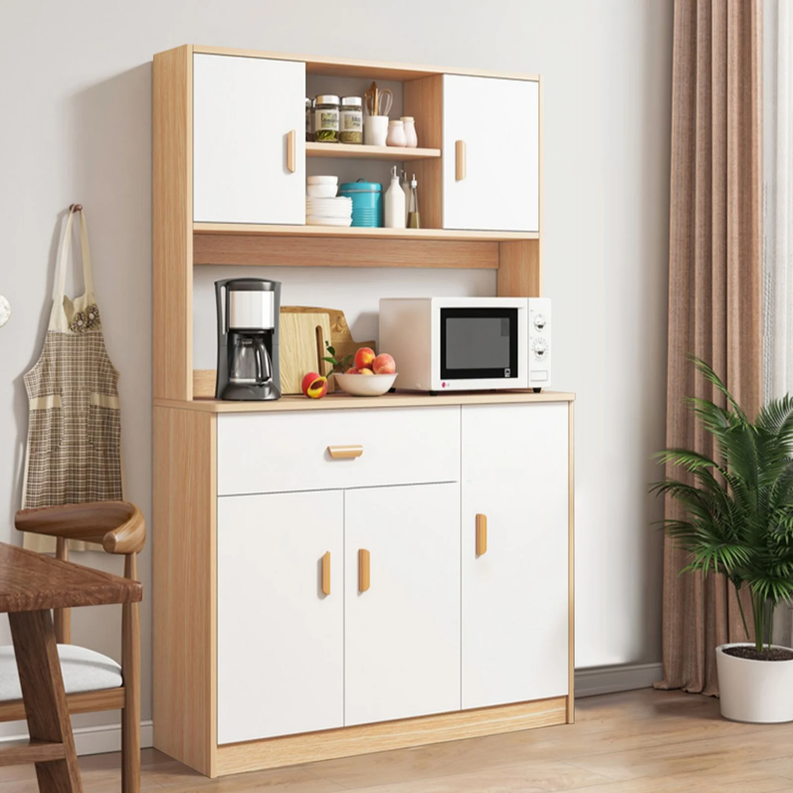 Freestanding Hutch Cabinet with Buffet Cupboard, Utility Pantry with Microwave Stand, Household Wall Tall Sideboard with Drawers