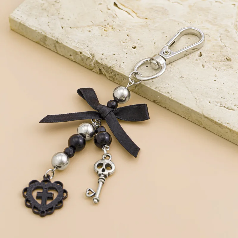 Classic Gothic Black Ribbon Bow Keychain Beaded Hollow Cross Heart Skull Key Pendant Bag Key Accessories Gift