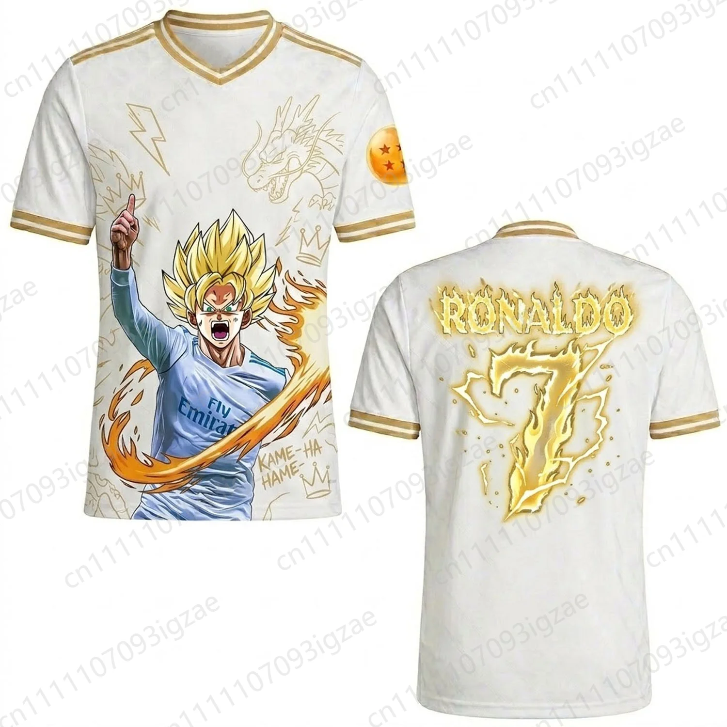 2026 New Athletic Summer Unisex Super Saiyan Goku Ronaldo 7  White Gold Shenron Graphic V-Neck Soccer Jersey Sports T-Shirt