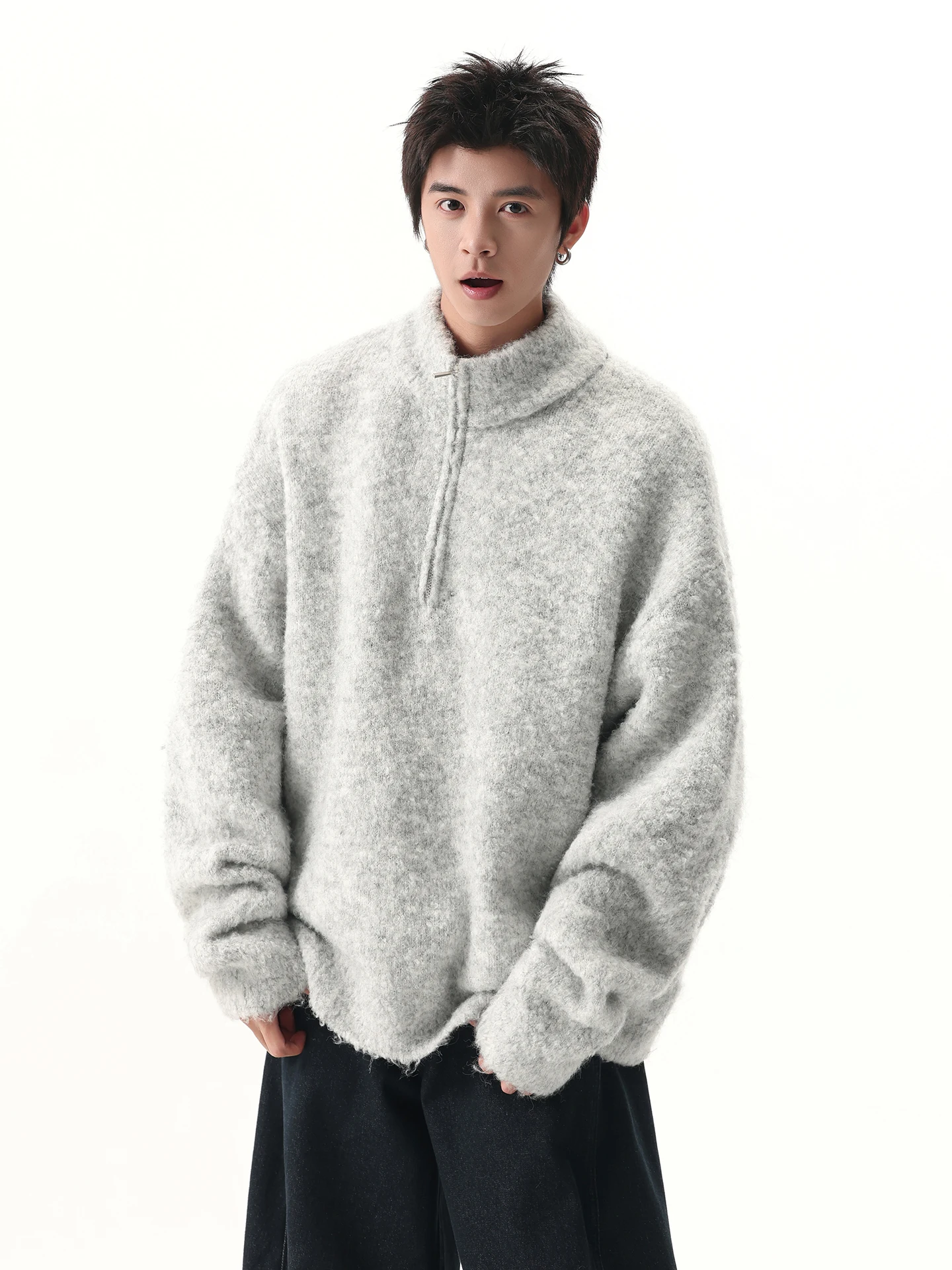 

ay вязаный свитер с воротником на молнии, мужской повседневный свободный крой для колледжа, универсальный длинный свек, теплый цвет, зимний топ