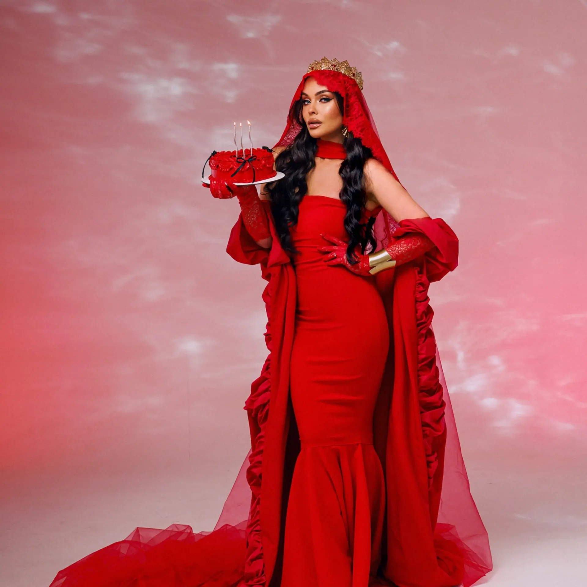 

Red Gothic Royal Dress Costume Set with Cape, Crown, and Lace Gloves, Halloween Queen Outfit, Mermaid Evening Gown, Bridal Dress