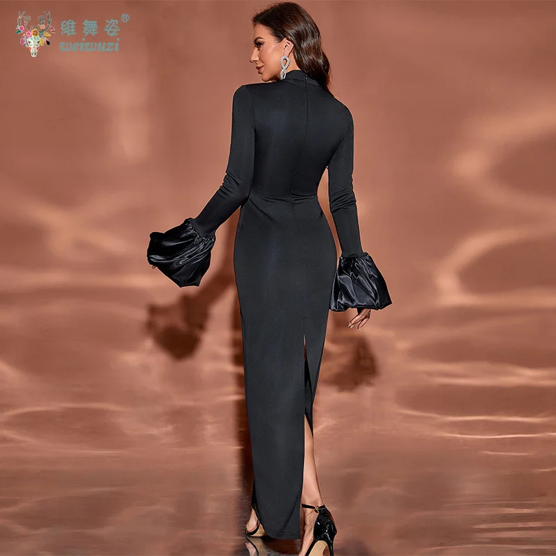 2025 Otoño e Invierno Estilo moderno Diseño de cuello alto negro con mangas abullonadas y vestido de noche ajustado de alta elasticidad