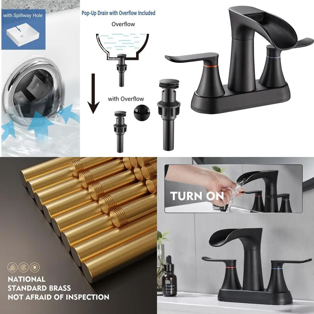 

4 Inch Centerset Matte Black Waterfall Faucet with 2 Handles, 3 Holes, 360° Swivel Spout, and Pop-Up Drain