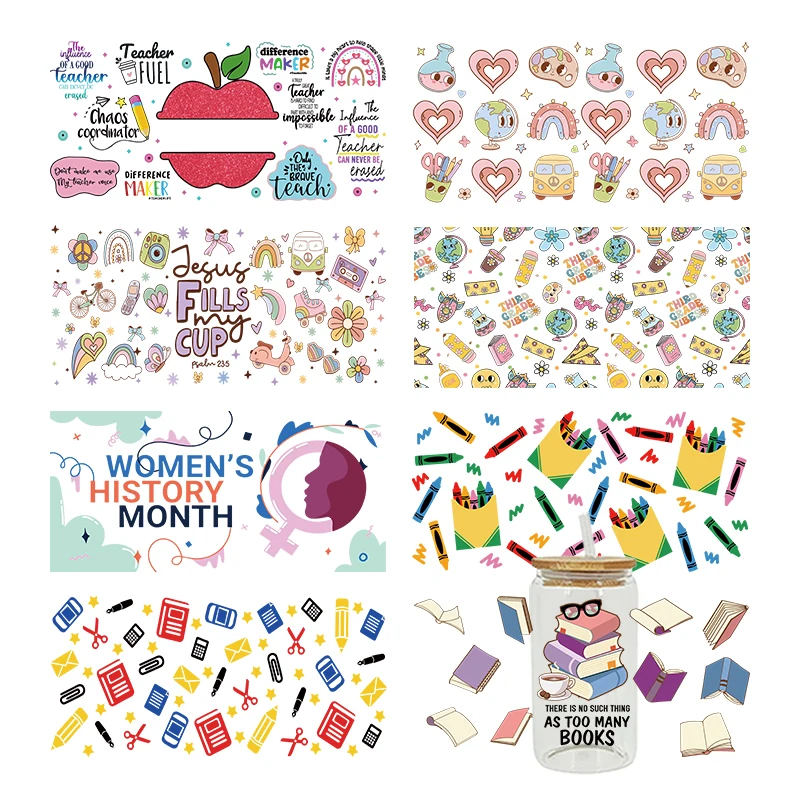 

3D УФ DTF Наклейки с принтом «Снова в школу», обертывания для чашек 16 унций для DIY, стекло, керамика, металла, кожи и т. д. D29881