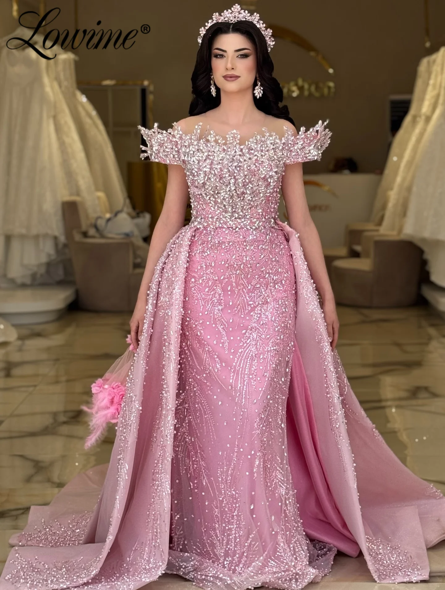 

Розовое длинное вечернее платье для выпускного/помолвки со съемным шлейфом, арабское свадебное платье, индивидуальный пошив, вечерние платья для женщин из Дубая 2026