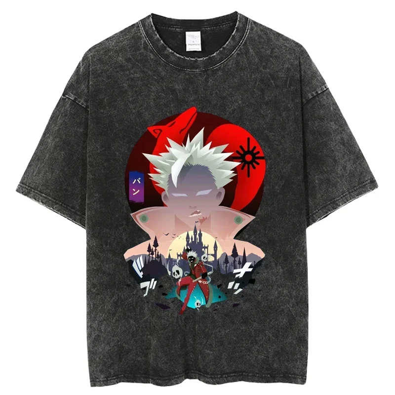 The Evevn Deadly Sins Anime T Shirt Men Vintage Washed T Shirts for Men Hip Hop Harajuku
