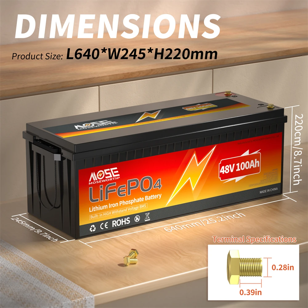 

48V 100Ah LiFePO4 Lithium Battery Built-in BMS Grade A Cells 4800Wh Deep Cycle Rechargeable Perfect for Solar Home RV Off-Grid