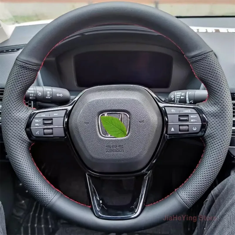 

Hand-sewn Black Leather Red Thread Steering Wheel Cover Wrap For Honda Civic 11th