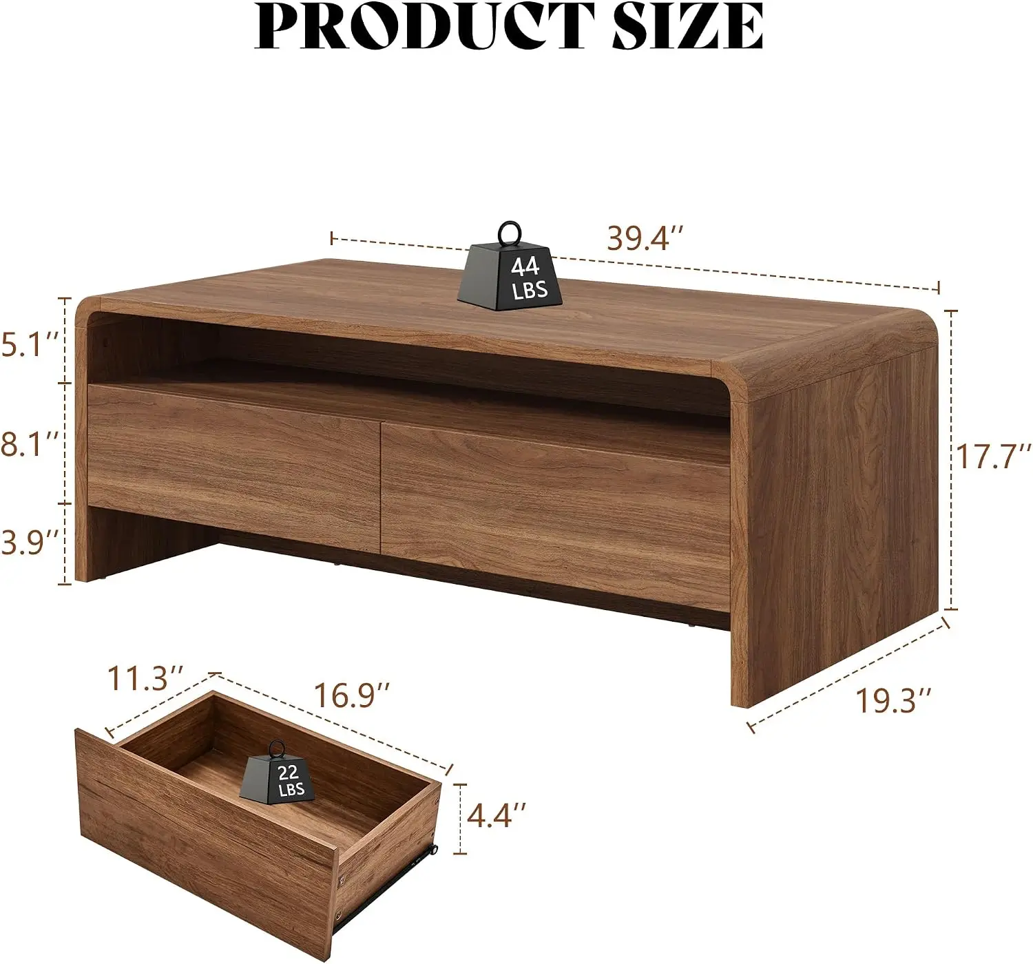Wood Coffee Table, Center Tea Table With Storage Compartment Organizer, Modern Rounded Edge Accent Furniture For Living Room Apartment Home Decor, Natural Wood Tone