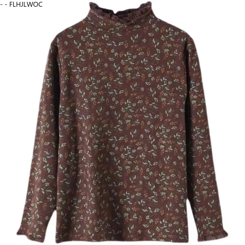 Baumwolle Rollkragen Tops Bluse Frau Langarm Nette Süße Mädchen Blumen Druck Grundlagen Shirts Retro Vintage Floral Rüschen Top