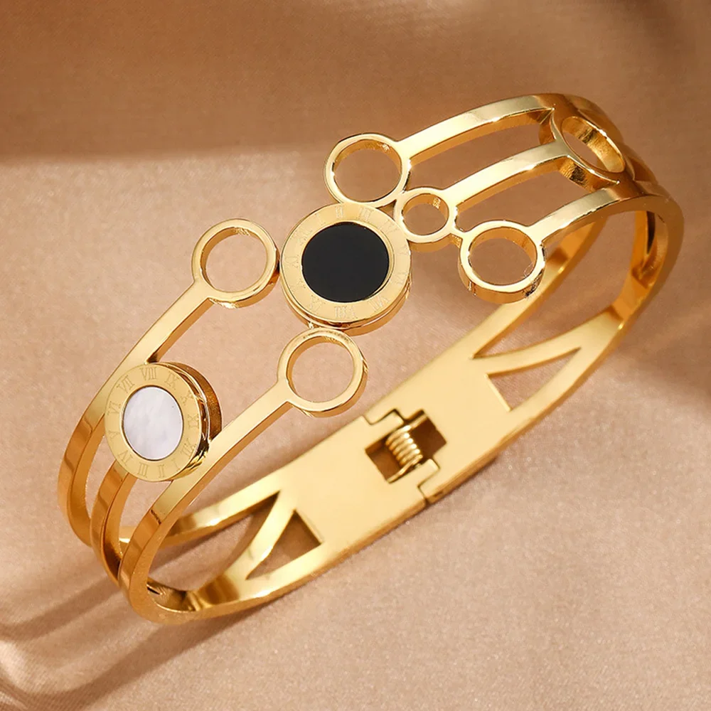 

316L Stainless Steel Roman Numeral Black White Disc Bangles Women Men Silver Gold Color Bracelet Wristband Accessories Gifts