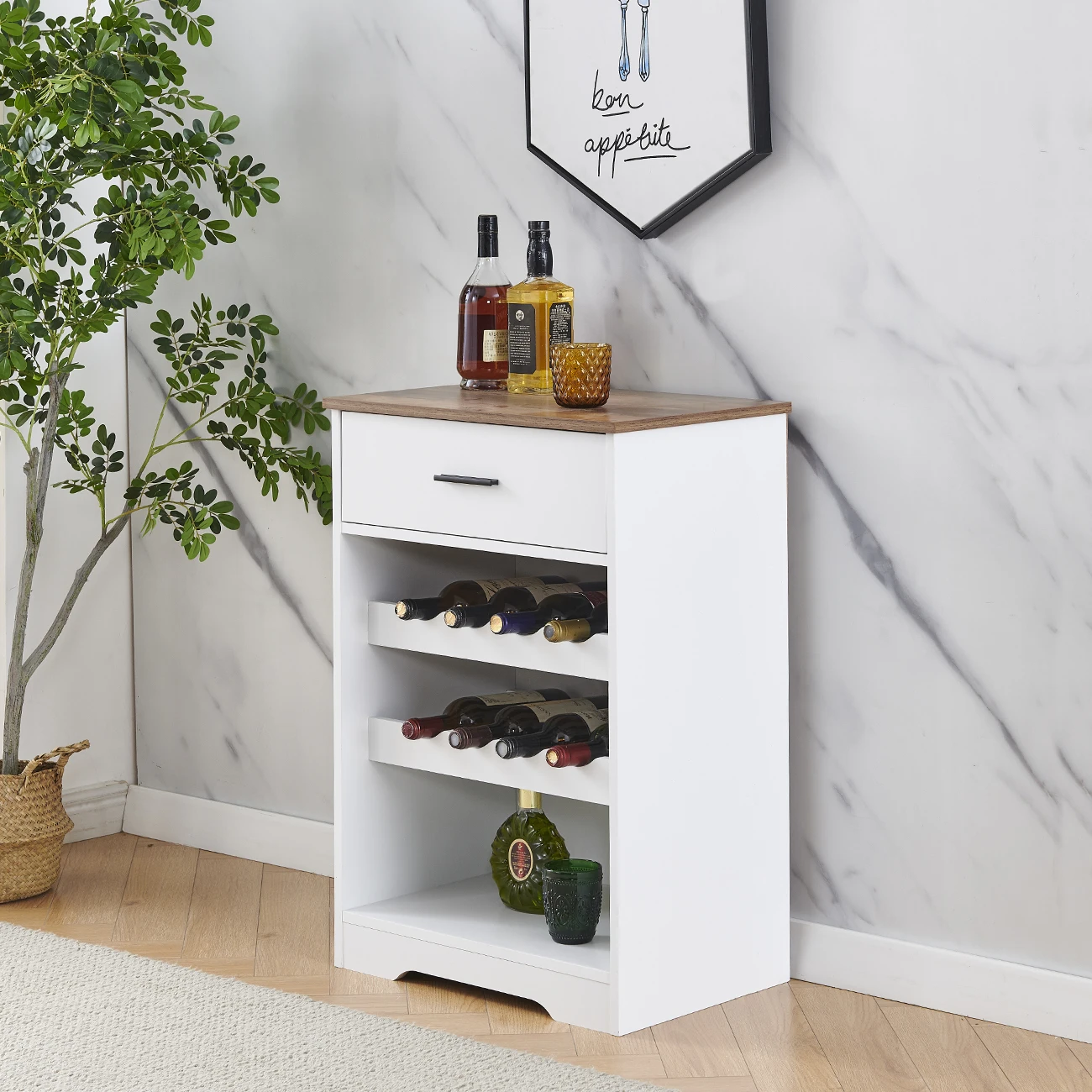 8 Bottles Storage Wine Rack With Drawer Wooden Display Shelf Wine Holder White