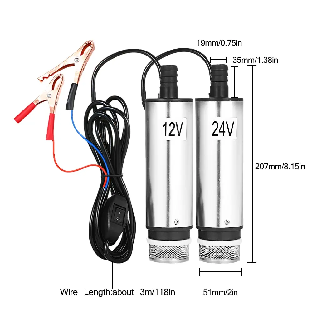 DC 12V/24V Submersible Pump for Pumping Diesel Oil Water 51mm Water Oil Diesel Fuel Transfer Pump Refueling with Fliter Screen