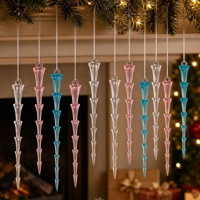 62KD Faceted Acrylic Icicle Ornaments, 12 Piece Christmas Tree Icicle Hanging Decorations for Holiday Tree, Window, and Wreaths