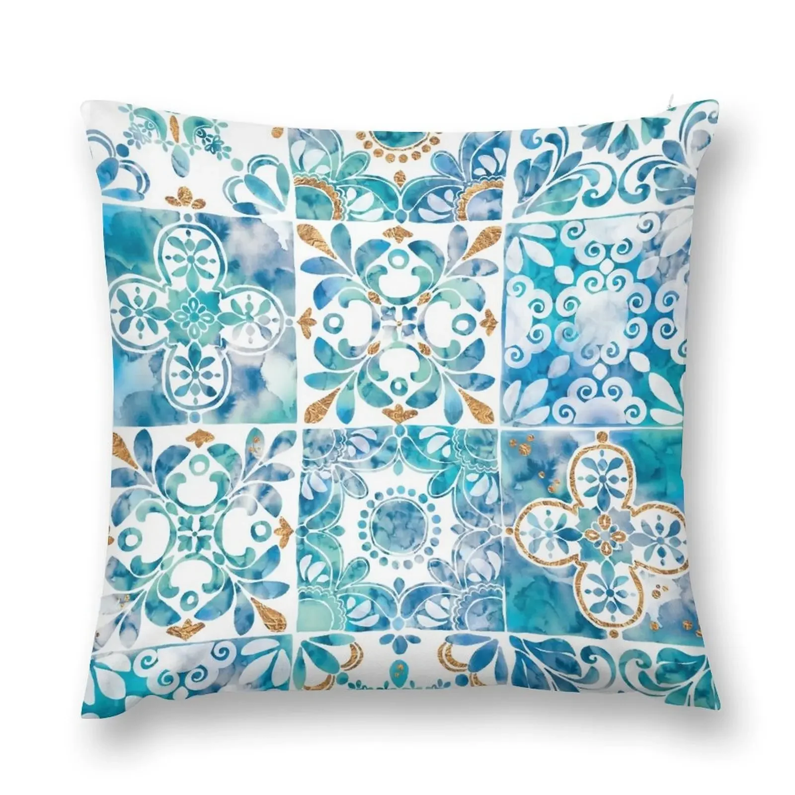 Moroccan tiles pattern, Blue and gold tiles, Watercolor tiles, Tiles, Mosaic, Ceramics, Azulejos, Portuguese Boho p Throw Pillow