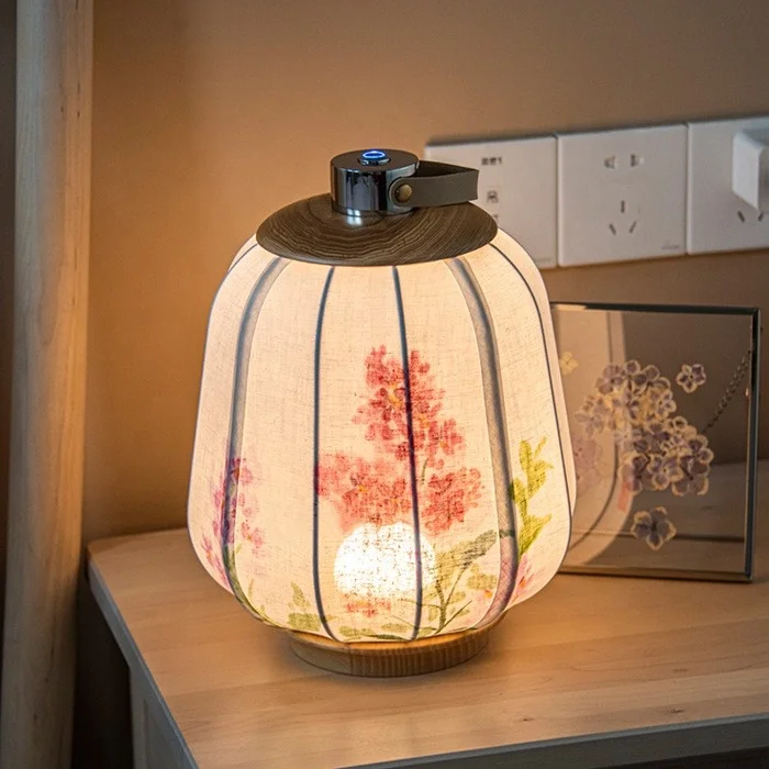 JYLIGHTING Modern Retro New Chinese Style Lantern Hand-painted Touch Variable Light Night Light Wood Linen Wireless Charge Lamp