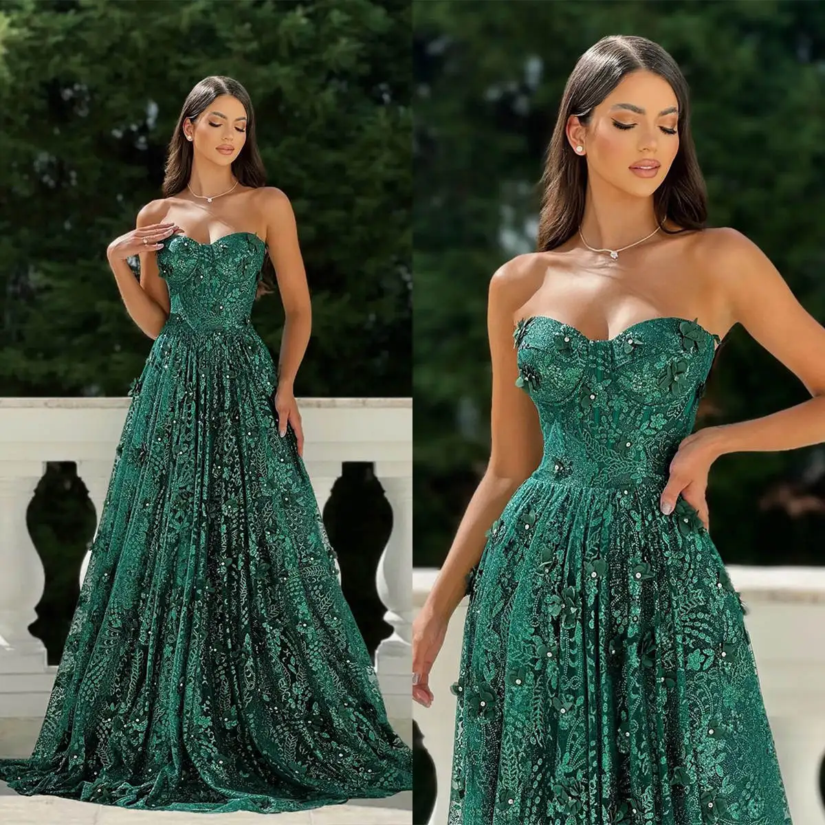 Vibrant Evening Dresses A-Line Appliques Sequined Lace Strapless Backless Prom Gown Party Dress Vestido De Noite Custom Made