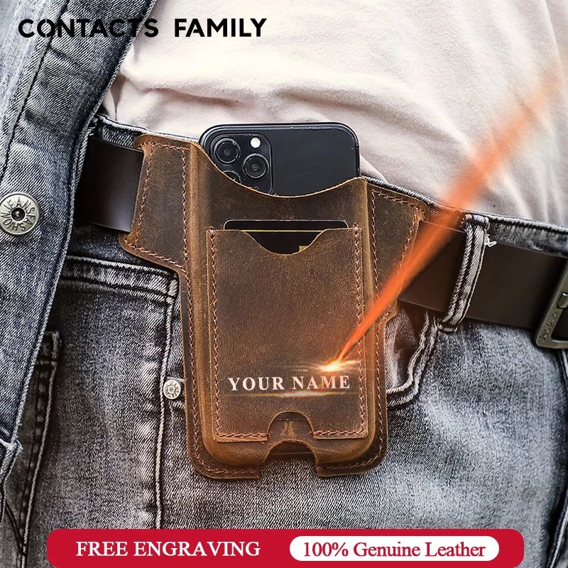 CONTACTS FAMILY 100% Nubuck Leather Phone Waist Case Bag Men Cellphone Loop Belt Pouch dla iPhone 16 15 14 Pro Max Mini
