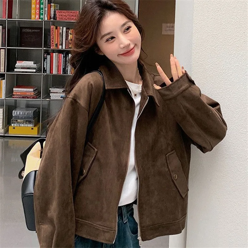 

Women Suede Jacket Loose Casual Bomber Coat Lapel Zipper Long Sleeve Jackets Vintage Lady Motorcycle Outwears Short Jacket Top