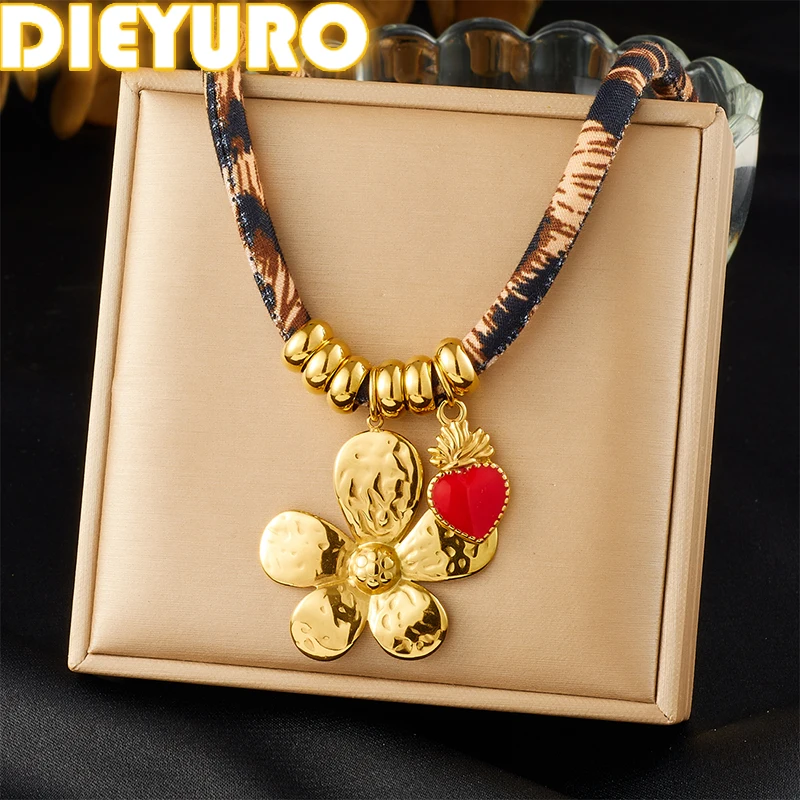 

DIEYURO 316L Stainless Steel Golden Irregular Flower Red Dripping Pendant Necklace Lady New Waterproof Ocean Neck Chain Jewelry