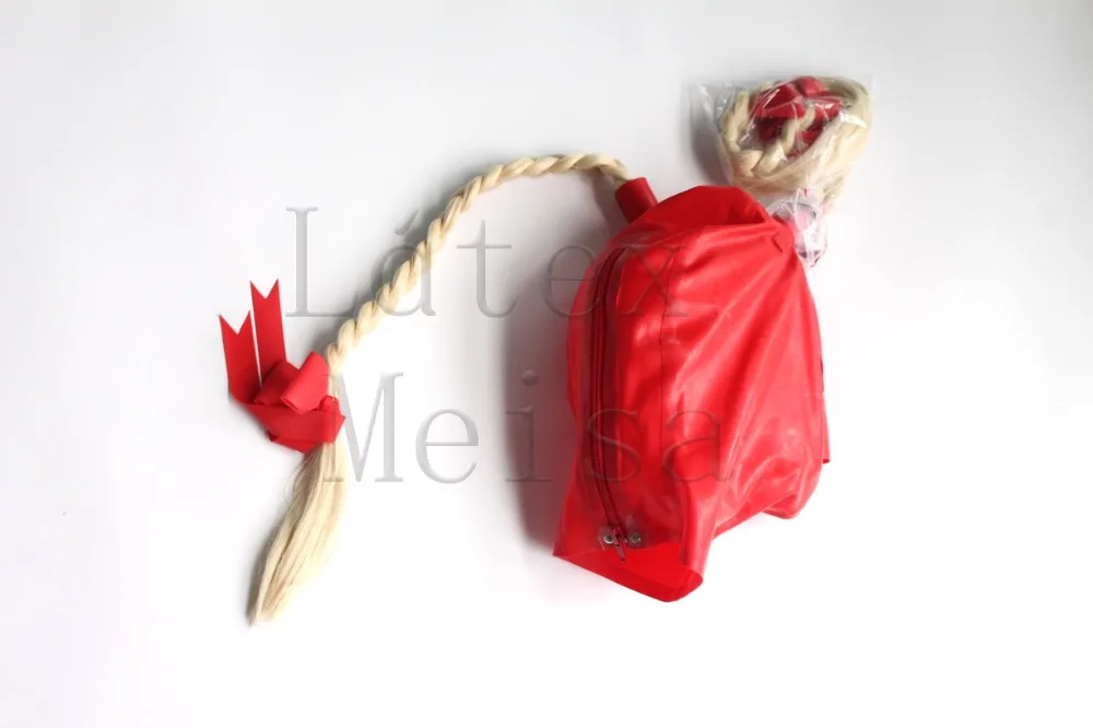 Cagoules Zentai en latex pour femmes, tresses attachées et yeux ouverts, narines et bouche de couleur rouge avec fermeture éclair au dos