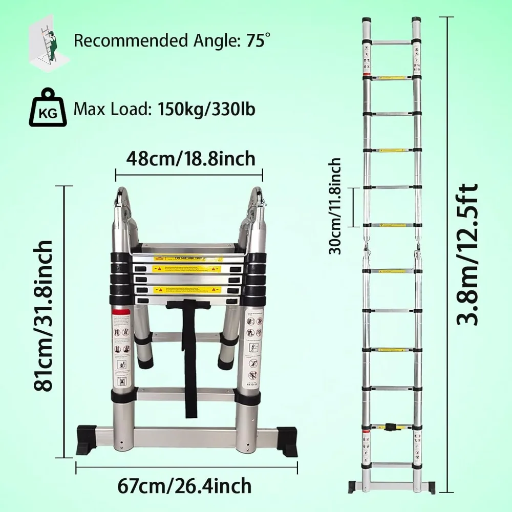 Robuuste 12,5FT telescopische verlengladder met een capaciteit van 330 lb, A-frame-ontwerp, opvouwbaar, draagbaar, 2-in-1 ladder voor buiten
