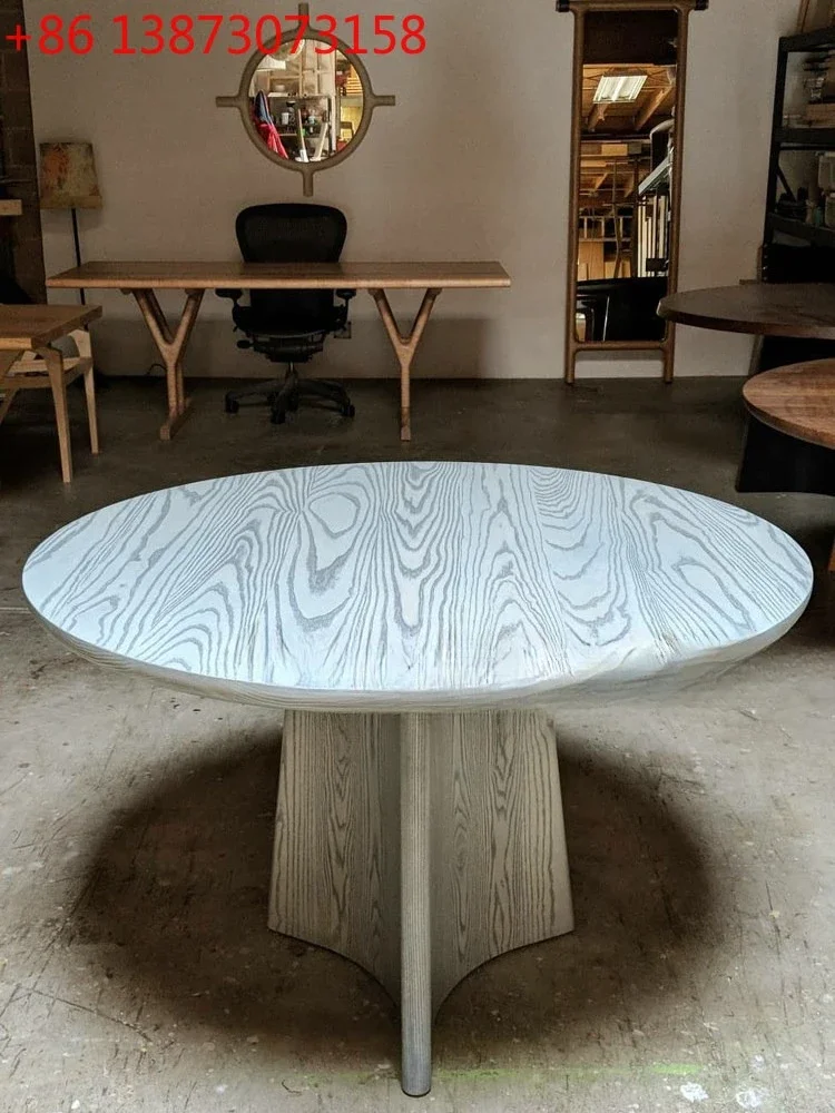 

Medieval designer round art retro weathered white dining table household simple restaurant solid wood round dining table