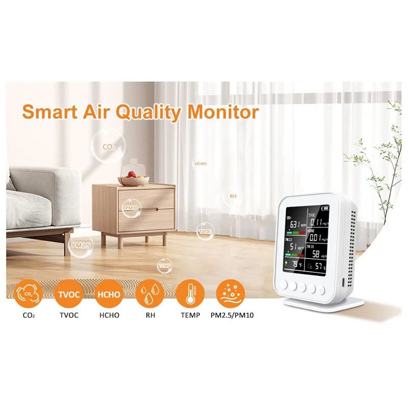 

AT82-Air Quality Meter 7-In-1 PM2.5 PM10 Carbonic Oxide Carbon Dioxide TVOC HCHO Tester TFT Carbon Dioxide Detector