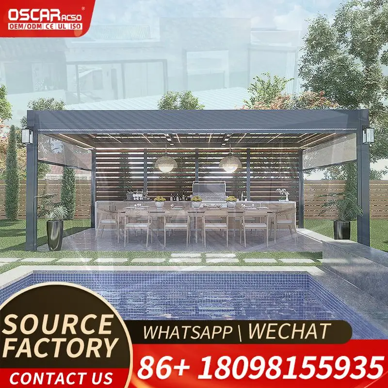 Motorized Wall Attached Villa Patio Deck All Season Waterproof Electric Backyard Outside Retractable Roof Pergola Louvered Garde
