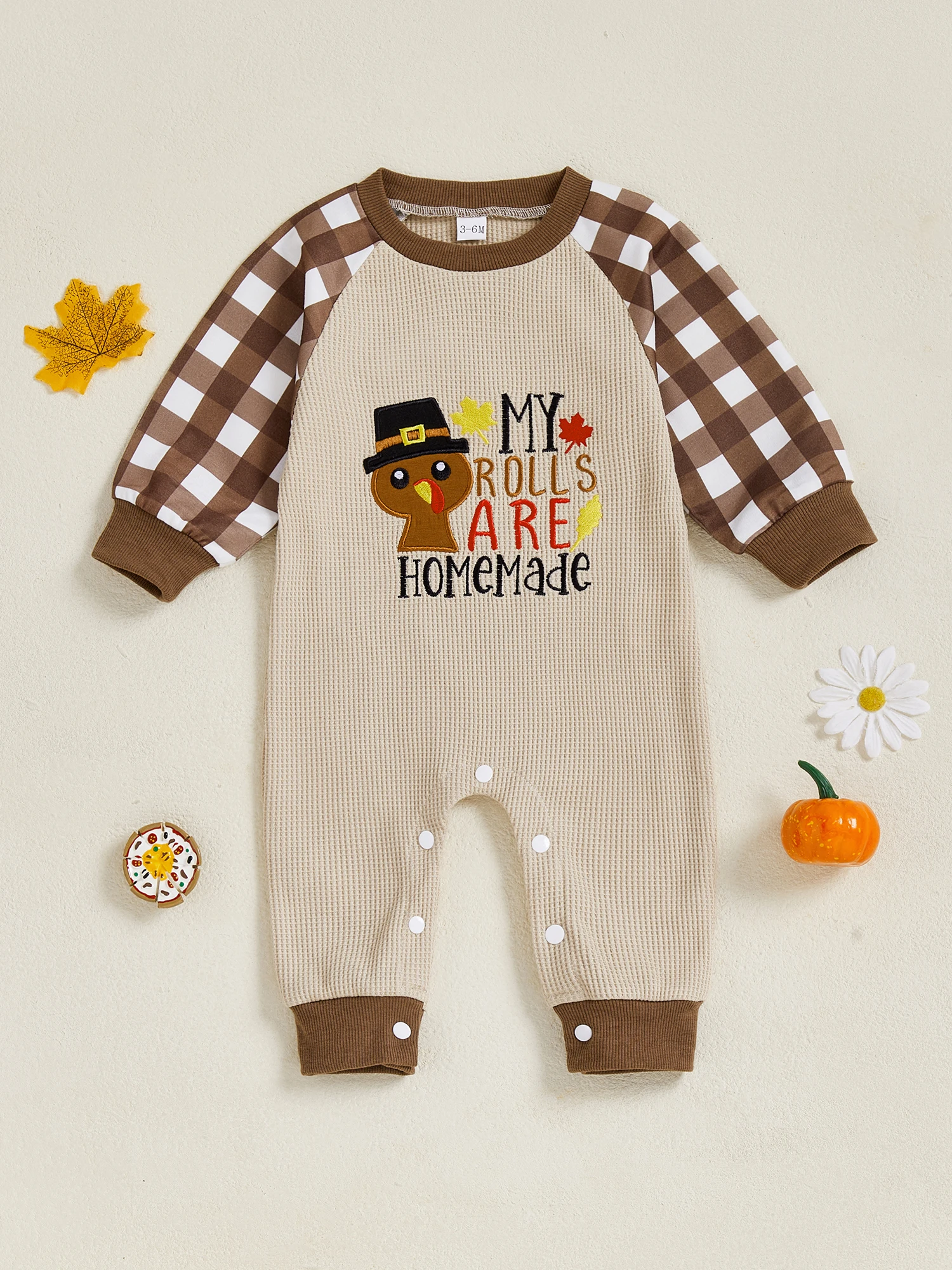 

Thanksgiving Turkey Print Baby Boy Plaid Romper with Long Sleeves and Round Neckline for Festive Holiday Outfit