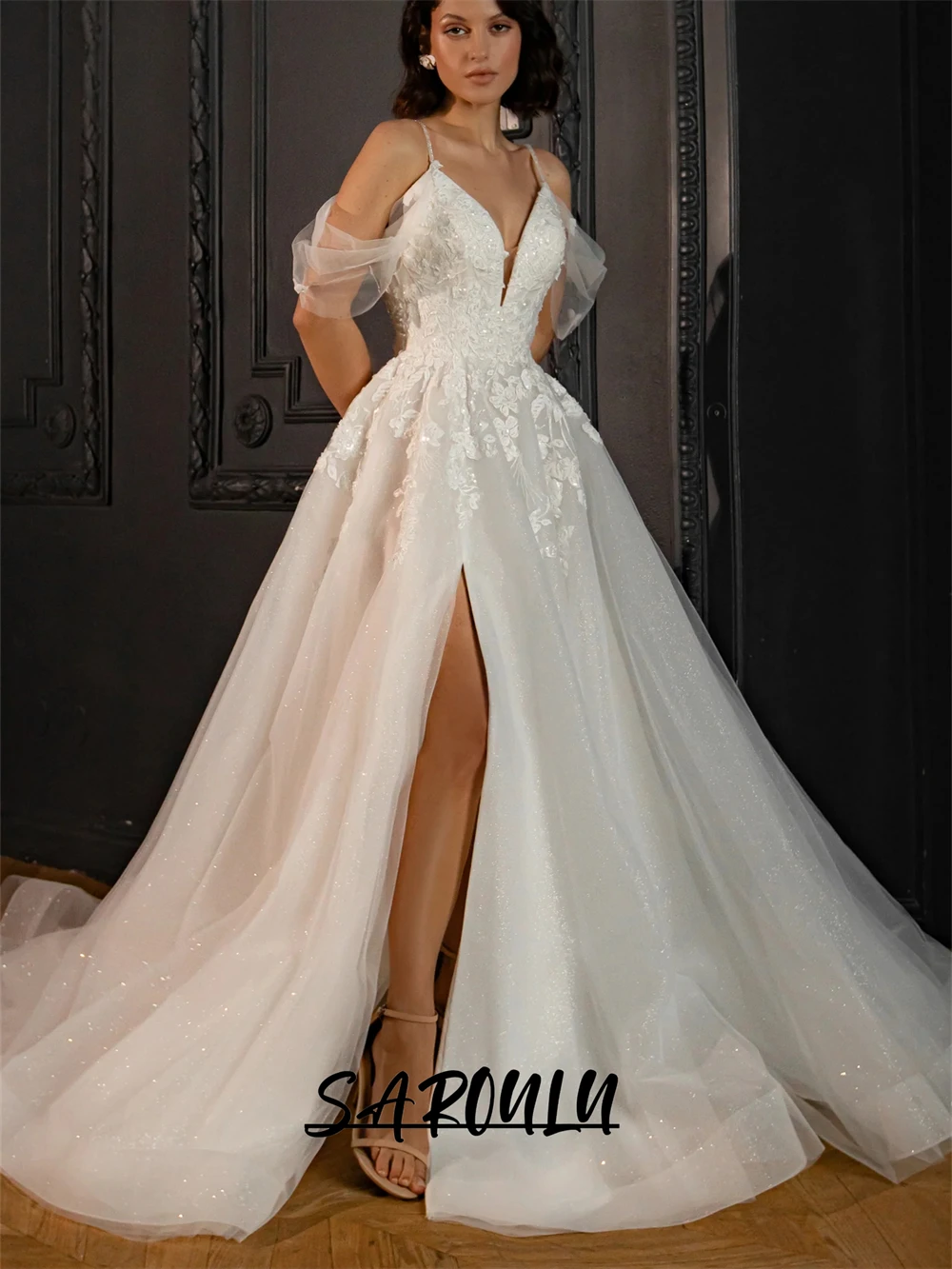 Newest Women Wedding Dress Glitter Tulle With Appliques Bridal Gown Custom Made A Line Bride Dresses With Spagetti Straps