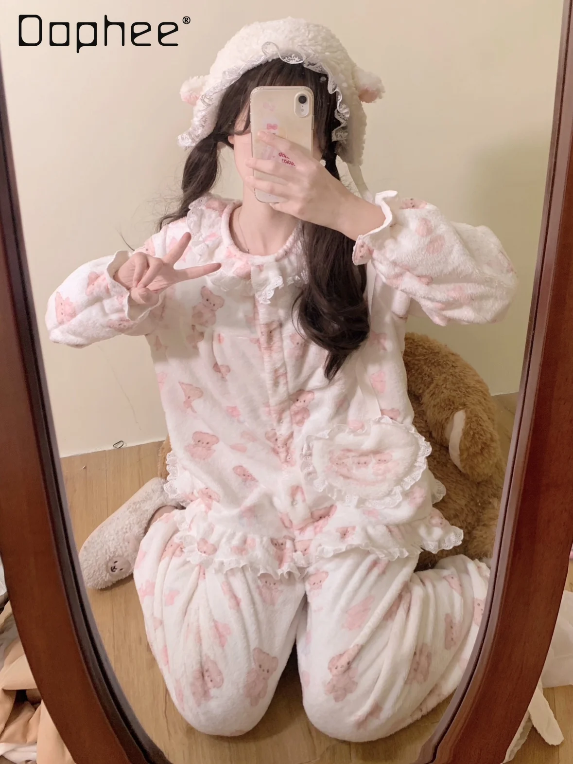 

Bear Flannel Pajamas Set Flannel Lace Patchwork Ruffle Long Sleeve Single Breast Soft Cute Winter Sleepwear Kawaii Home Cloth