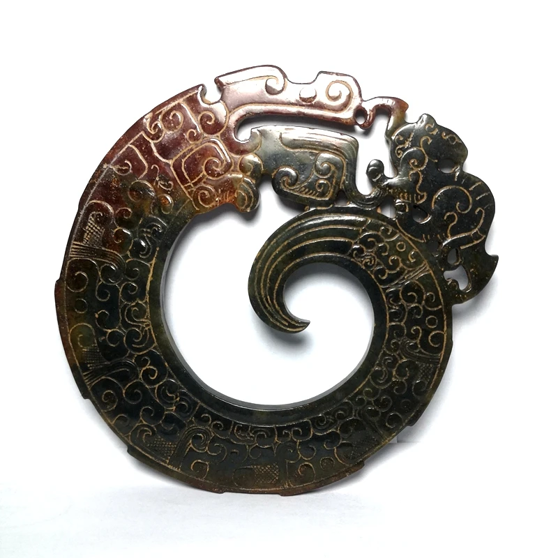 YIZHU CULTUER ART Size 13.8 × 13.4 cm Old China Hetian Jade Carving Dragon and Baby Statue Disc Collection