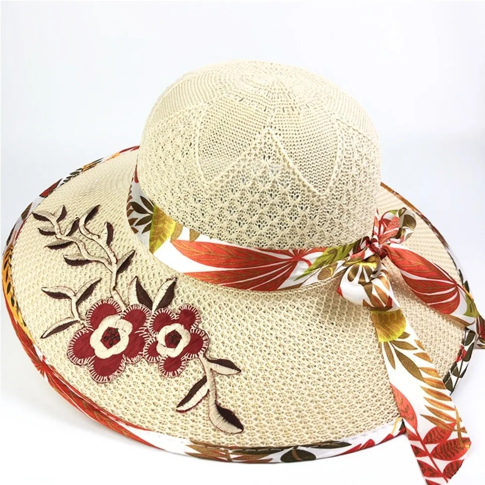 

New Wide Brim Flower Embroidery Hat Foldable UV Protection Straw Beach Cap Knitted Flower Printed Panama Hat Women Summer