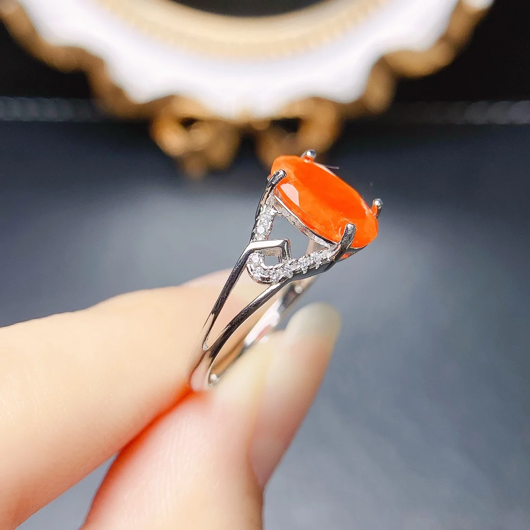 Oval 8x10mm Natural Orange Fire Opal Silver Ring in 925 Sterling Silver Engagement Promise Anniversary Rings For Women Gift