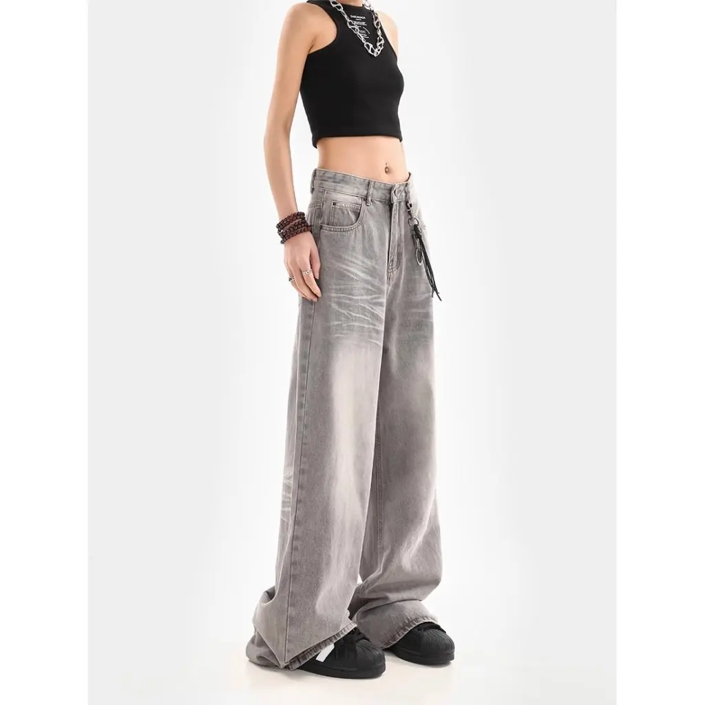 

Корейские потертые широкие джинсы в стиле ретро для женщин, свободные утягивающие прямые брюки длиной до пола, новинка лета